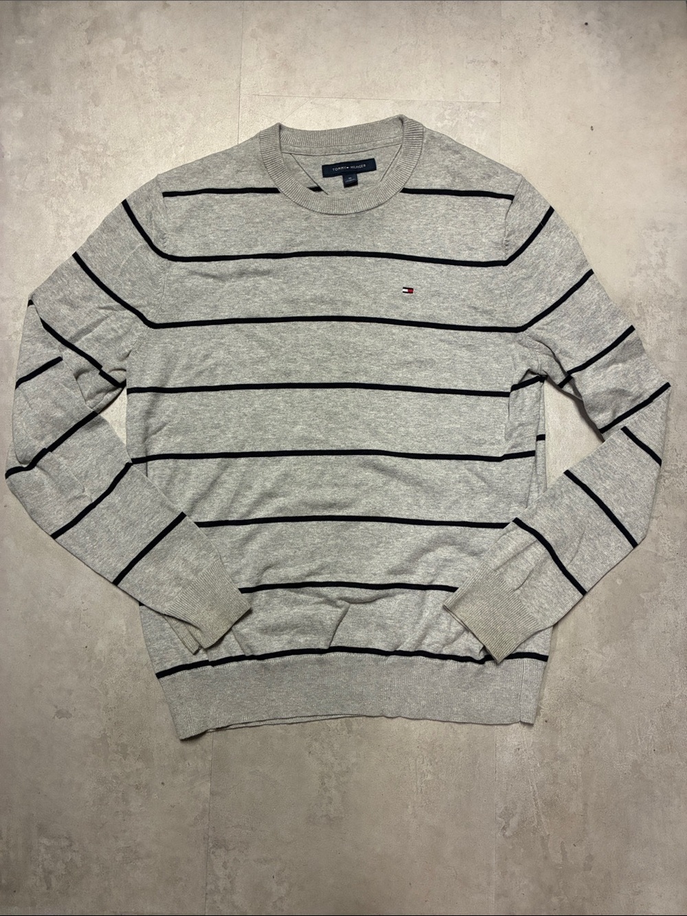 Tommy Hilfiger Light Gray Crewneck Sweater with Black Stripes